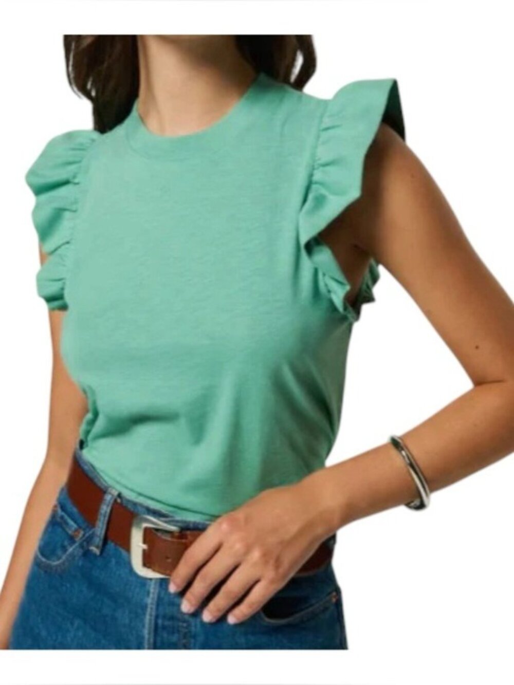 NATION LTD Paulette Tank Ruffle Sleeves PIMA Cotton XL in Green Stone NWT